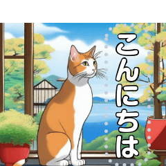 [LINEスタンプ] 【ネコ】縁がわのハチワレ猫（文字変自由）