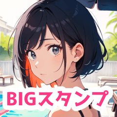 [LINEスタンプ] プールと黒髪の水着の女の子BIGスタンプの画像（メイン）